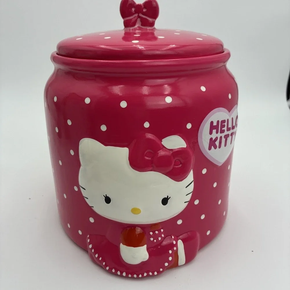 Hello Kitty Pink Polka Dot Ceramic Cookie Jar Sanrio Collectible Canister Bow